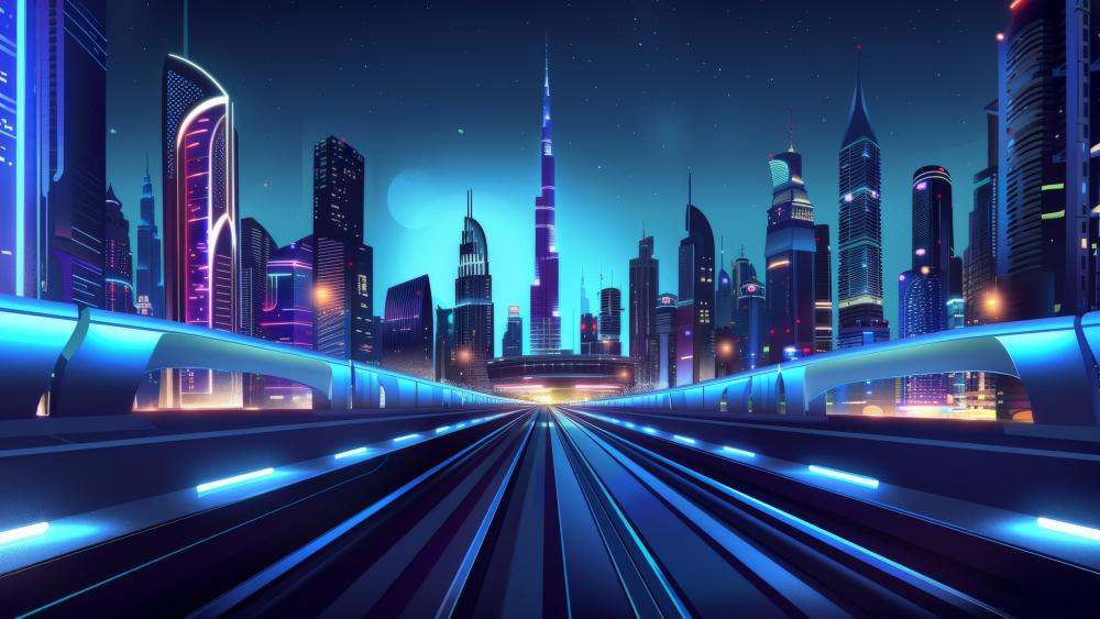 Panoramic Neon Skyline of Futuristic Dubai wallpaper