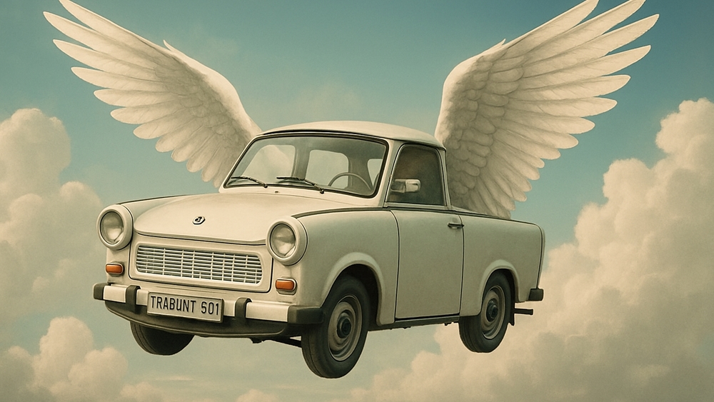 Flying Trabant Car with Angelic Wings in Cloudy Sky wallpaper