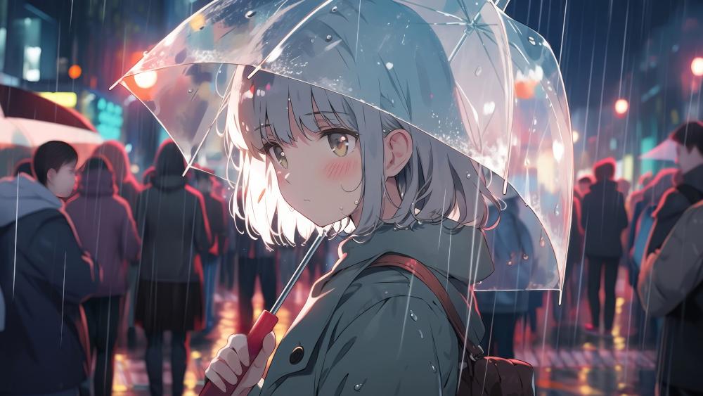 Whimsical Stroll in the Rain with Kawaii Charm wallpaper