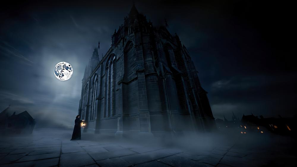 Eerie Moonlit Gothic Cathedral at Night wallpaper