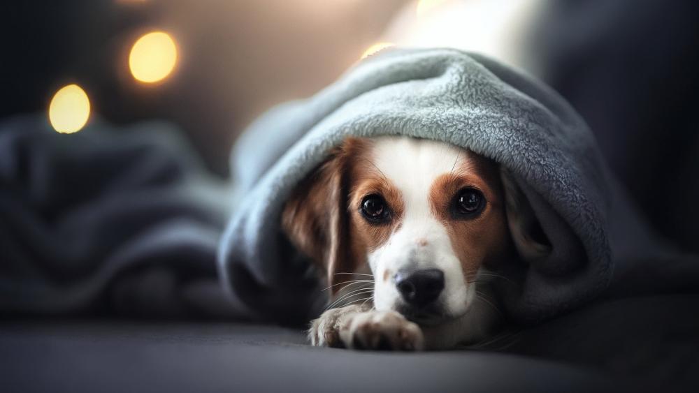 Cozy Canine Charm Under a Snuggly Blanket wallpaper