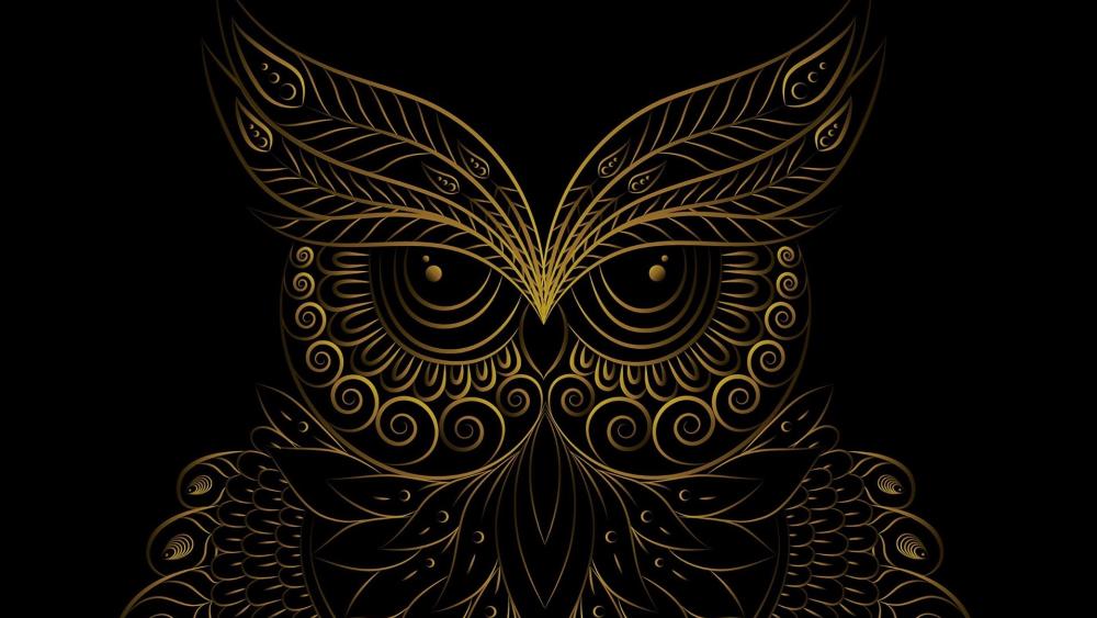Black and Gold Owl on Black Background wallpaper