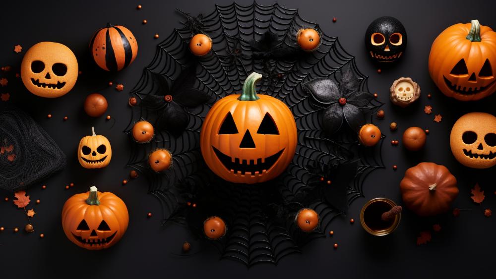 Mystical Halloween with Pumpkins and Bats in Black and Orange wallpaper
