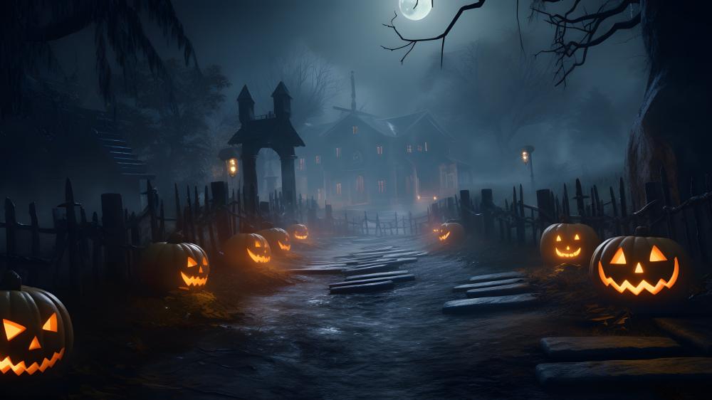 Haunted Pathway to the Eerie Manor wallpaper