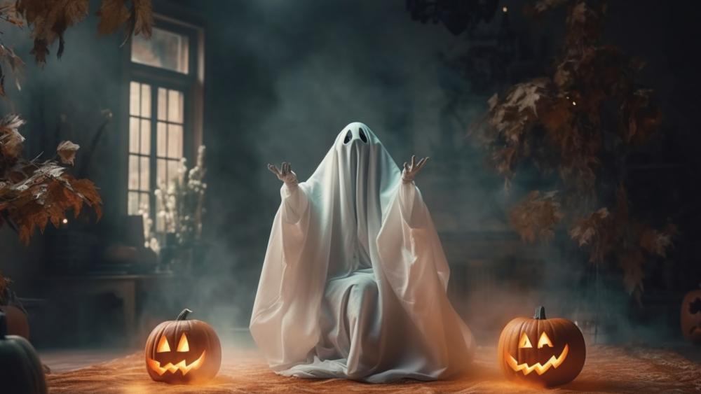 Haunting Halloween Serenade: Ghostly Visions and Jack O’ Lantern Glow wallpaper