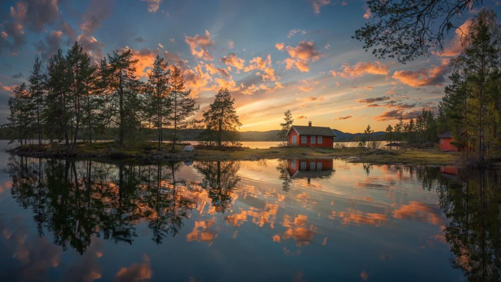 Idyllic Red Cottage by Serene Lake in Norway wallpaper