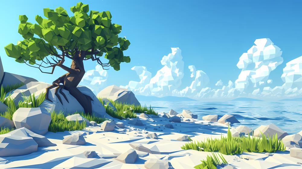 Serene Low-Poly Beach Escape wallpaper