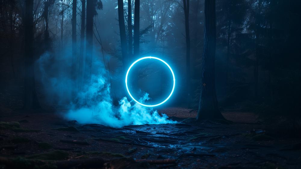 Mysterious Neon Circle in Twilight Forest wallpaper