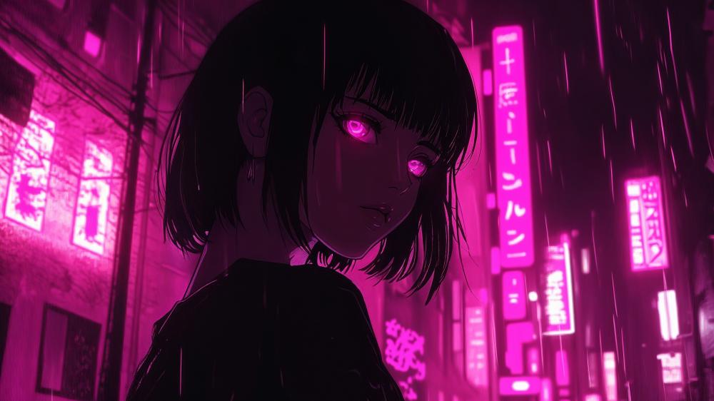 Neon Dreams in a Rainy Anime City wallpaper