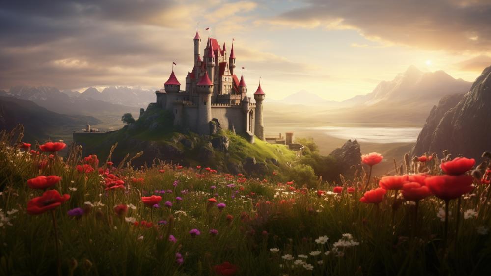 Beautiful Enchanted Castle in Blooming Paradise wallpaper