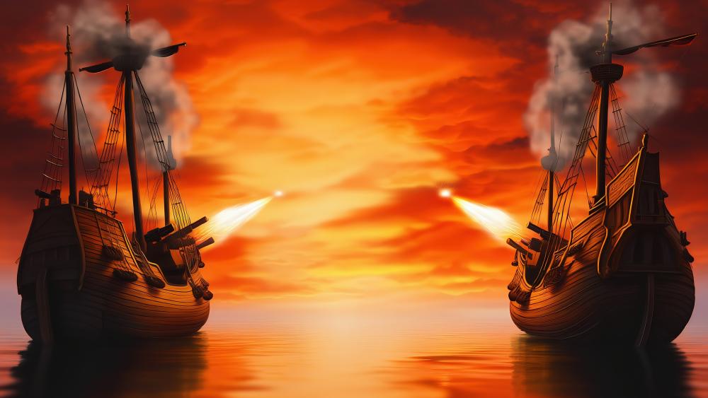 Epic Sea Battle at Sunset wallpaper