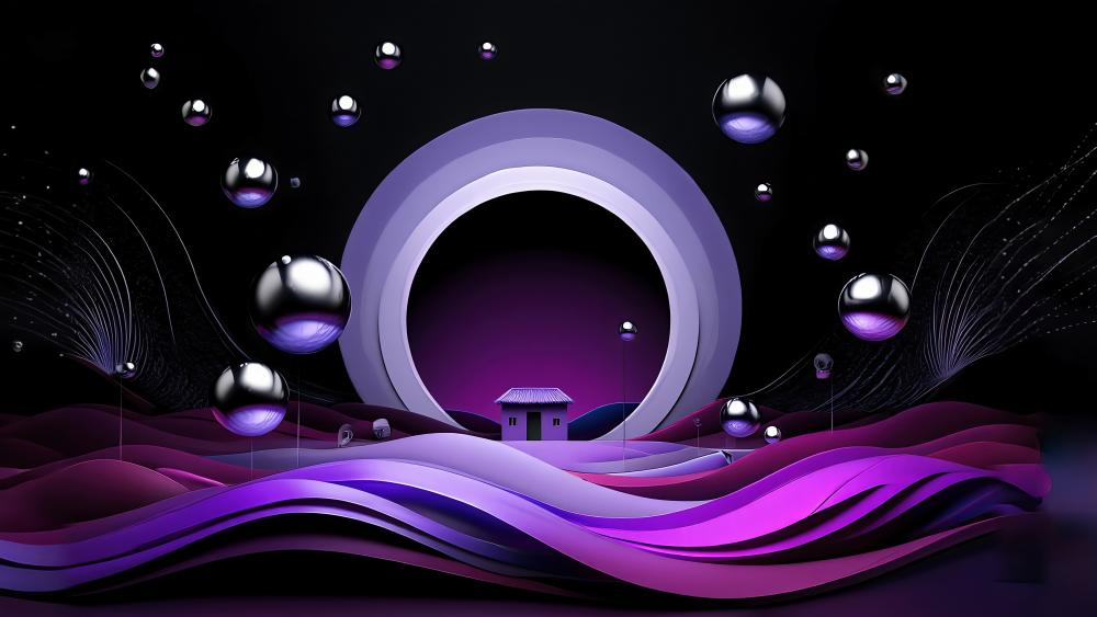 Purple Dreamscape with Metallic Orbs and Waves wallpaper