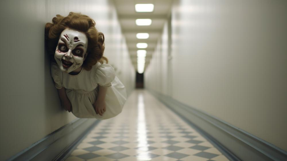 Creepy Doll in Haunting Hallway wallpaper