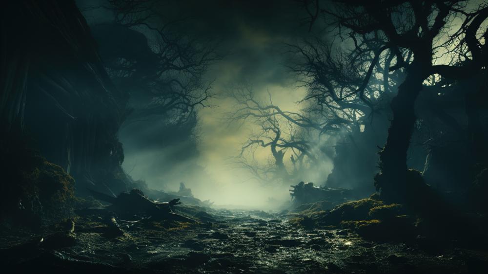 Mysterious Misty Forest in Moonlight wallpaper