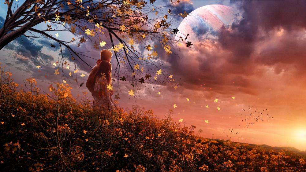Autumn Romance Under a Sci-Fi Sunset wallpaper