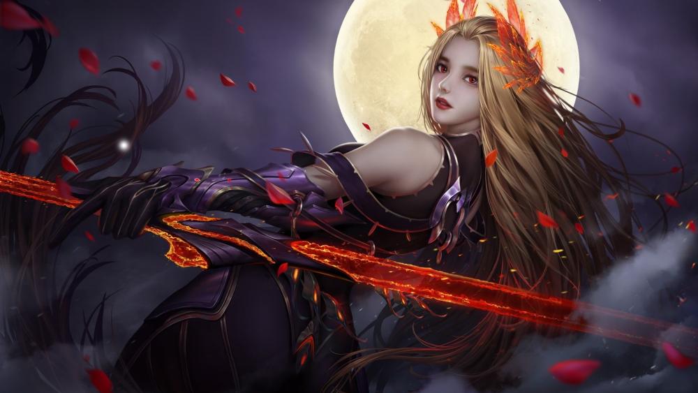 Fantasy Warrior with Fiery Sword Under Moonlit Sky wallpaper