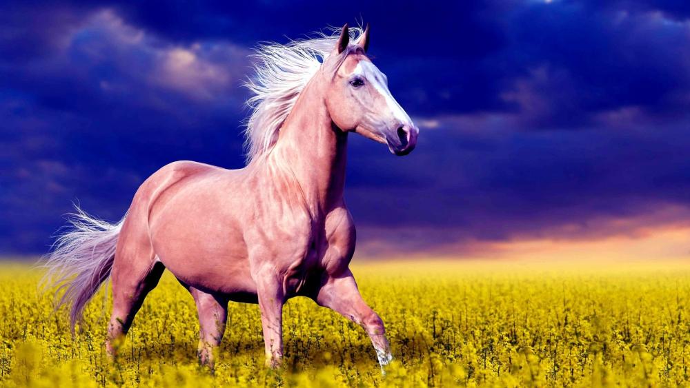 Majestic Horse in Blooming Pasture wallpaper