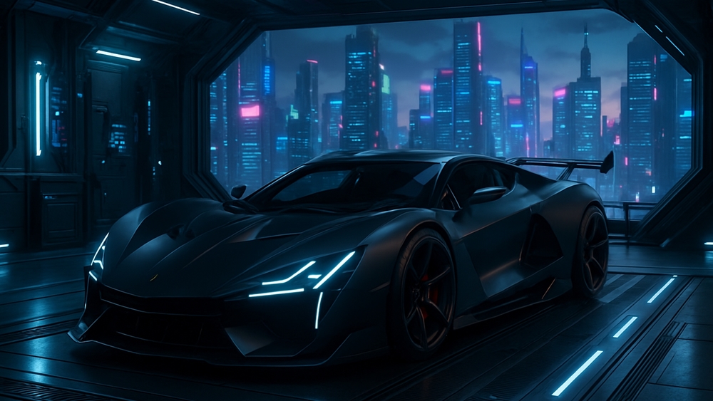 Futuristic Blue Supercar in Neon Nightscape wallpaper