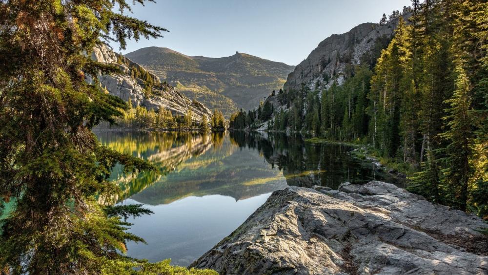 Serene Wilderness Reflections: Lake and Mountain Tranquility wallpaper