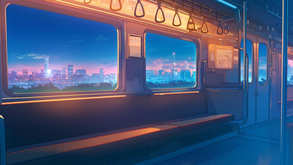 Train View of Vibrant Cityscape at Dusk wallpaper
