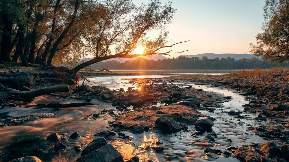 Serene Riverbed at Sunset in 4K Detail wallpaper