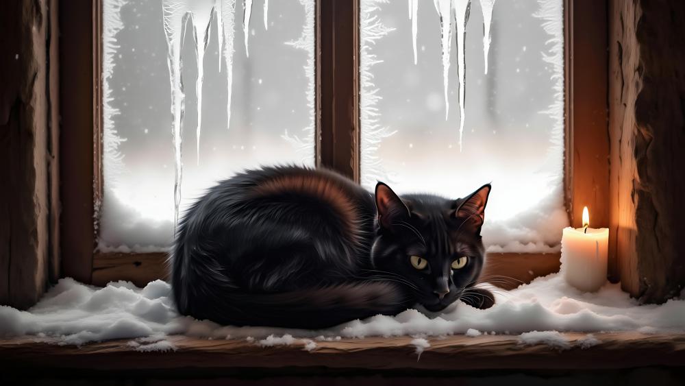 Black Cat in Candlelit Winter Window Scene wallpaper