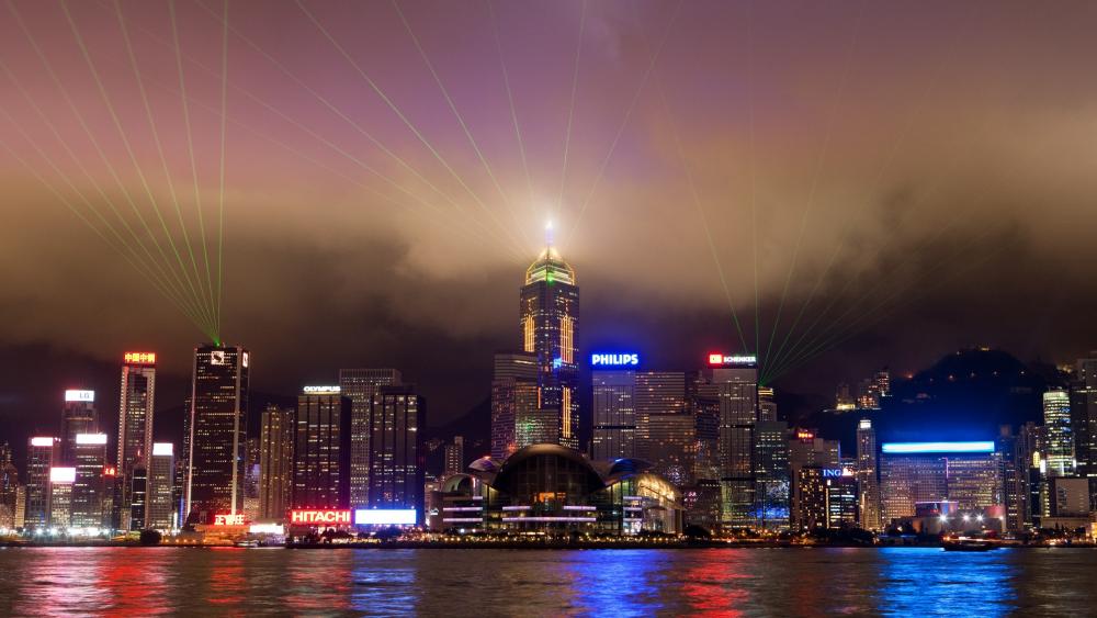 Victoria Harbour's Glittering Skyline at Night wallpaper