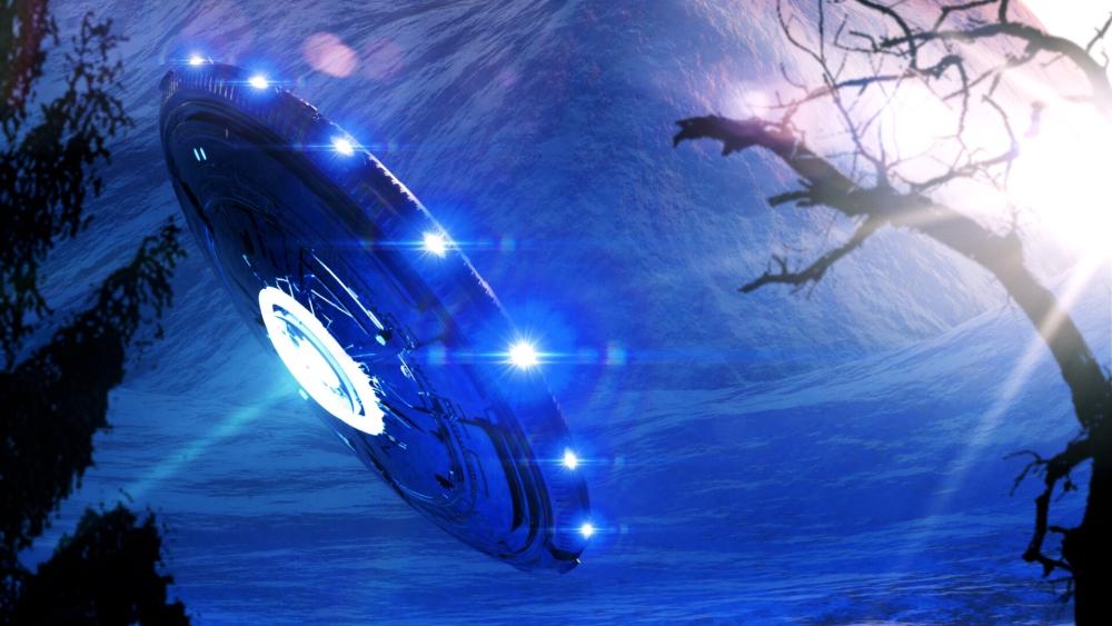 UFO in a Mystical Blue Landscape wallpaper