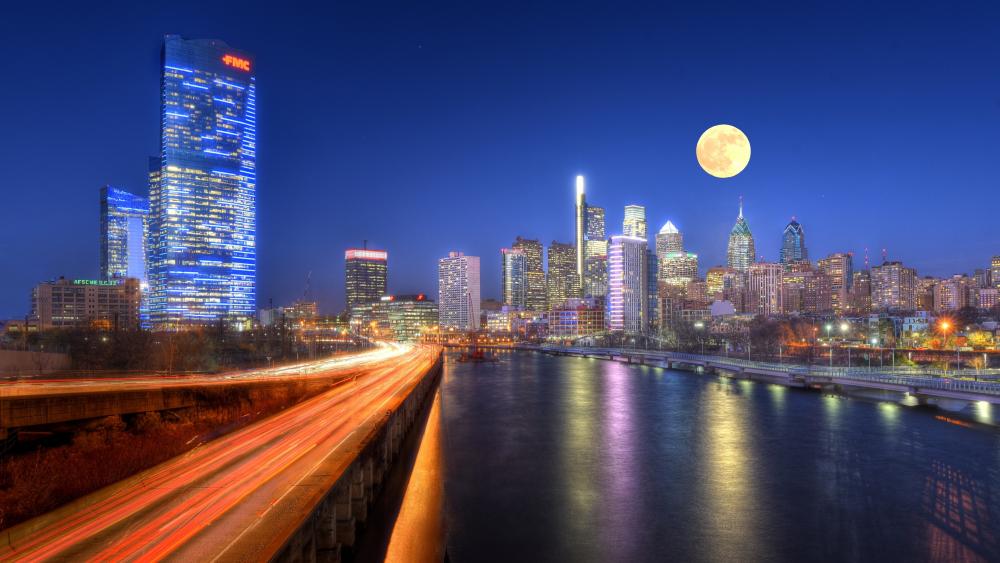 Moonlit Majesty over Philadelphia Skyline wallpaper