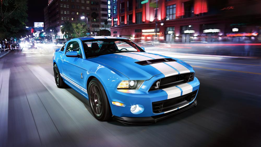 Blue Mustang GT500 Roars Through the Night wallpaper