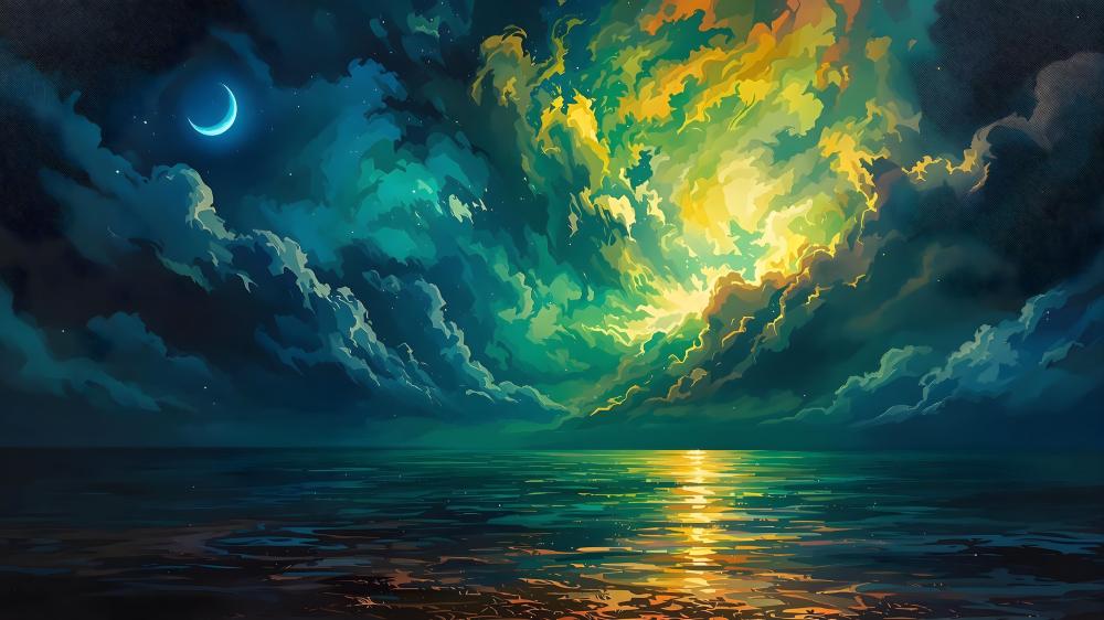 Dusk Enchantment An AI-Crafted Seascape at Moonrise wallpaper