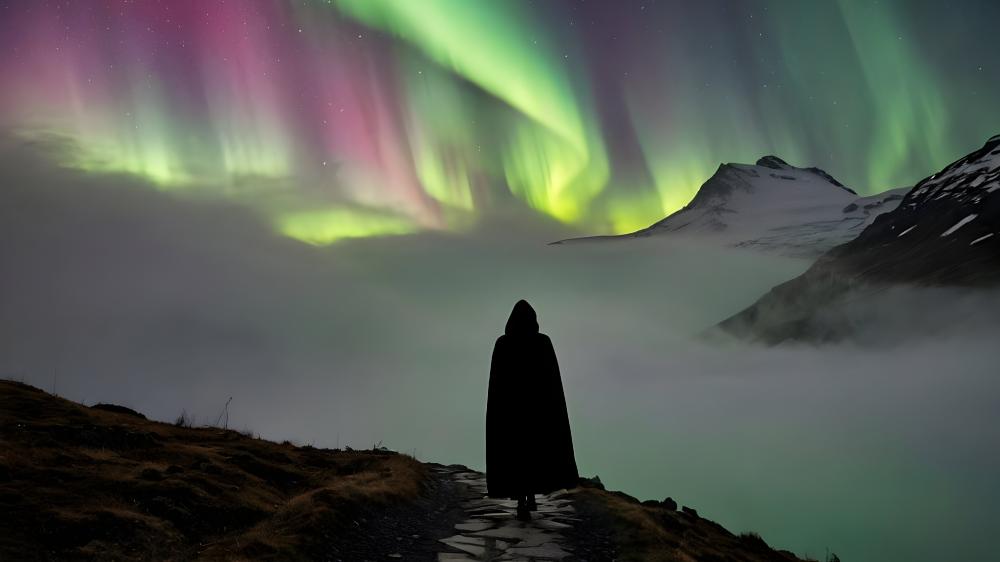 Aurora Overlook in Enchanted Misty Landscape wallpaper