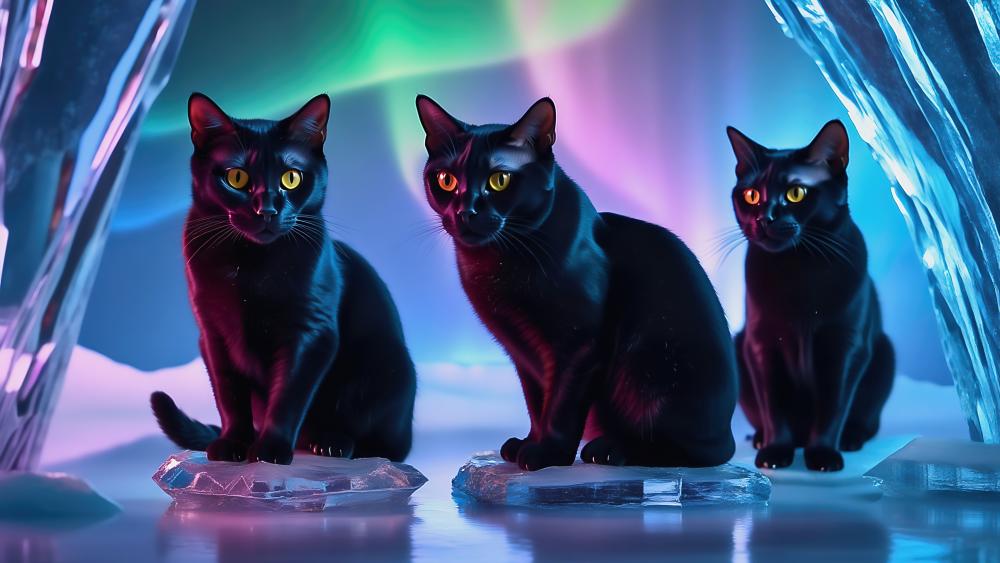 Three Mystical Black Cats in a Futuristic Glow wallpaper