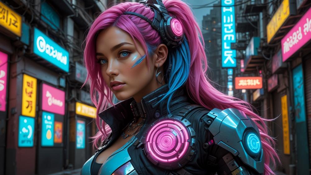 A futuristic cyberpunk girl with pink hair wearing tech outfit wallpaper