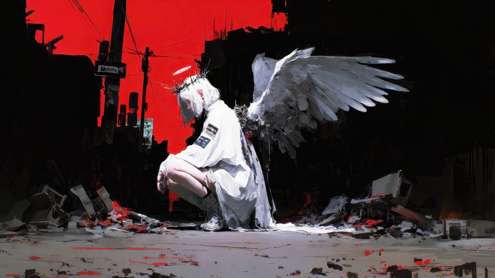 White-Winged Angel in a Dark Cityscape wallpaper