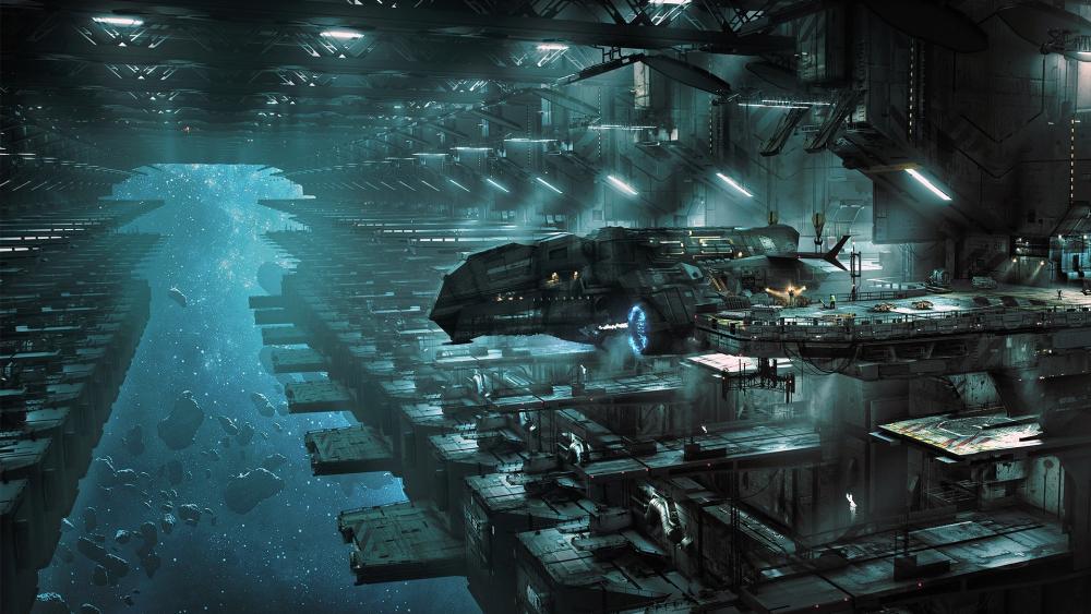 Futuristic Spaceport and Majestic Spacecraft wallpaper