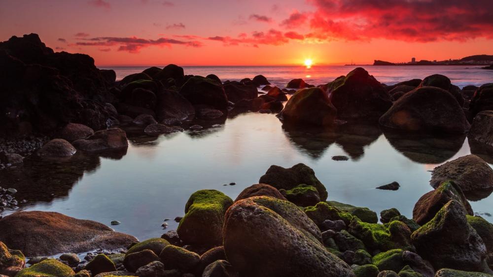 Sunset Over Moss-Covered Rocks and Gentle Waters wallpaper
