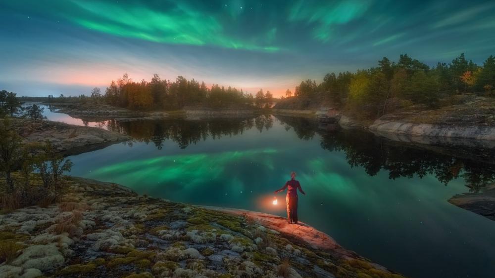 Aurora Borealis Dance Over Serene Lake wallpaper
