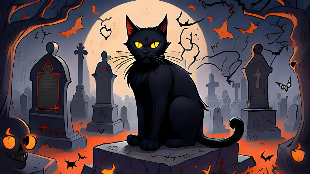 Black Cat’s Enchanted Graveyard Halloween 8K Wallpaper wallpaper