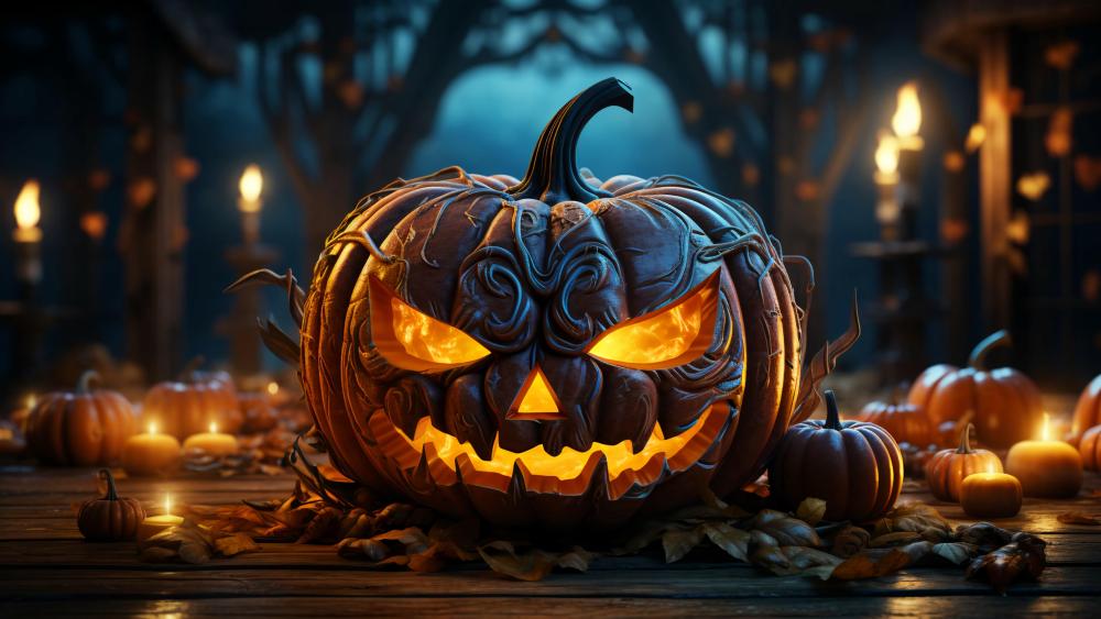 Halloween Night with Glowing Jack-o'-Lanterns wallpaper