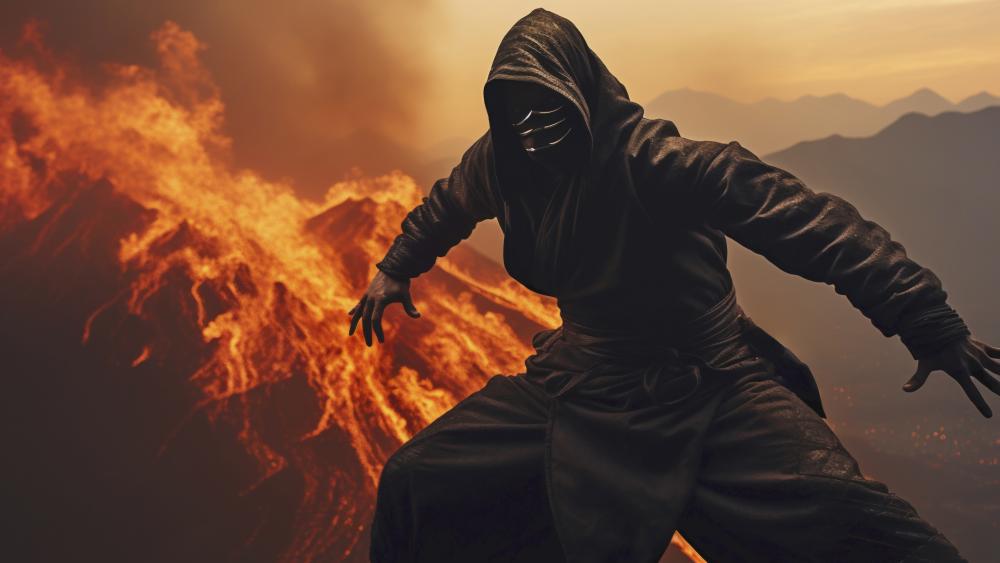 Futuristic Ninja Overlooking Erupting Volcano wallpaper