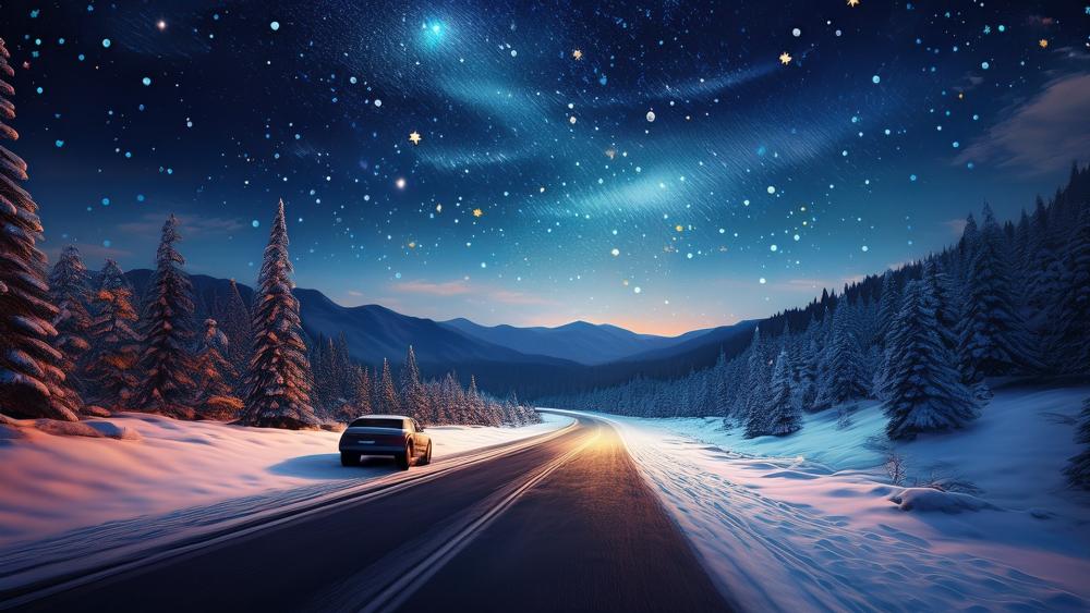 Starry Winter Road at Night wallpaper