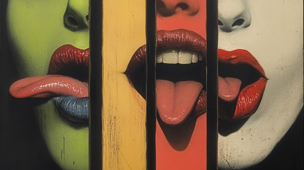 Abstract Expression: Vibrant Lips and Tongues in Artful Stripes wallpaper