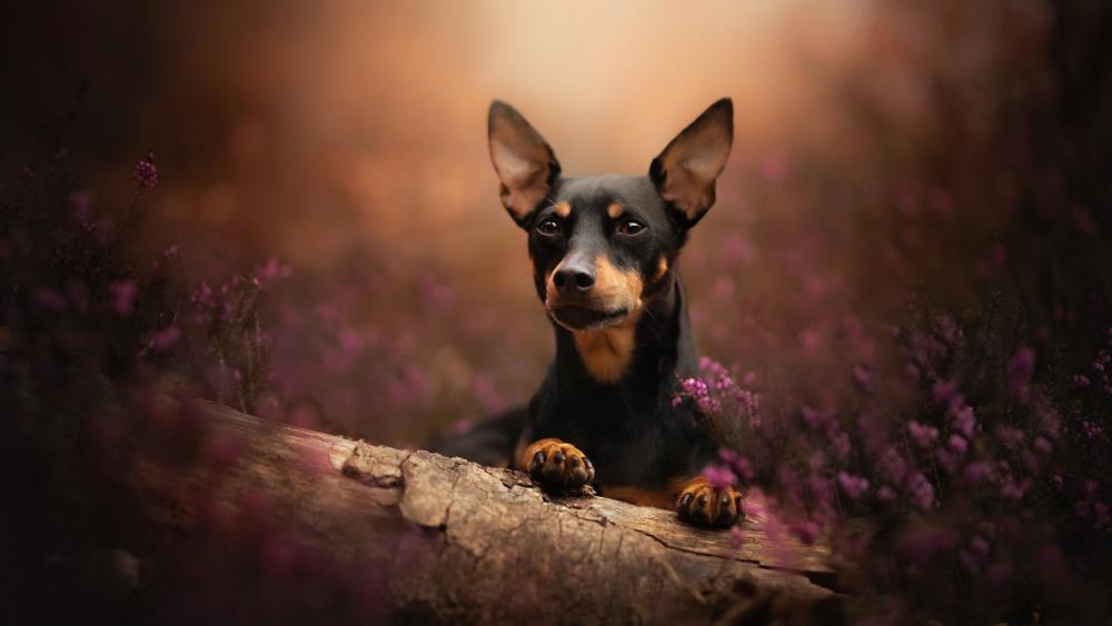 Miniature Pinscher in Enchanting Blossom Field wallpaper