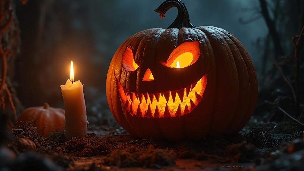Halloween Night with Glowing Jack-o'-Lanterns in Forest wallpaper
