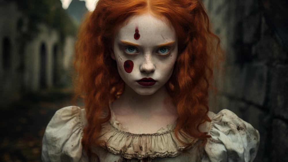 Haunting Gaze of the Creepy Red-Haired Doll wallpaper