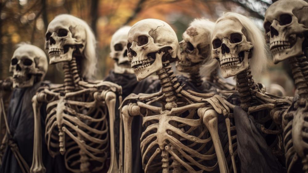 Eerie Forest Gathering of Skeletons wallpaper