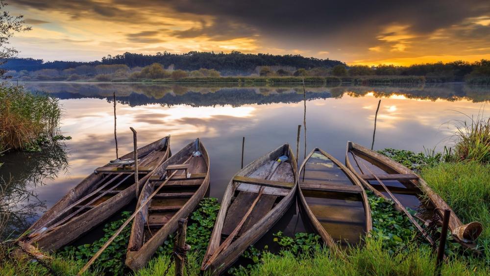 Tranquil Boats at Sunset Lake wallpaper