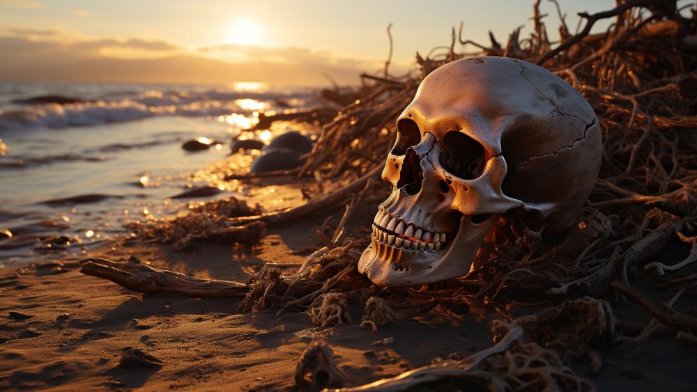 Mystical Skull at Sunset Shoreline wallpaper