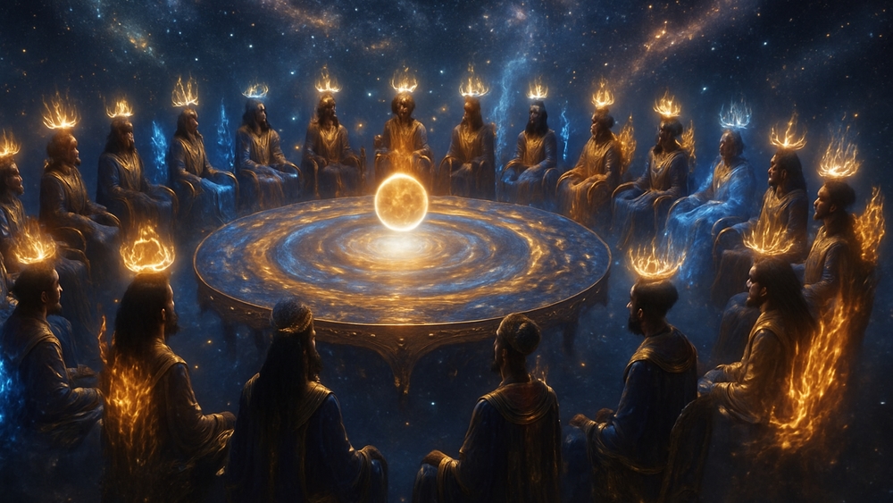 Mystical Cosmic Council Gathering Around Ethereal Orb wallpaper